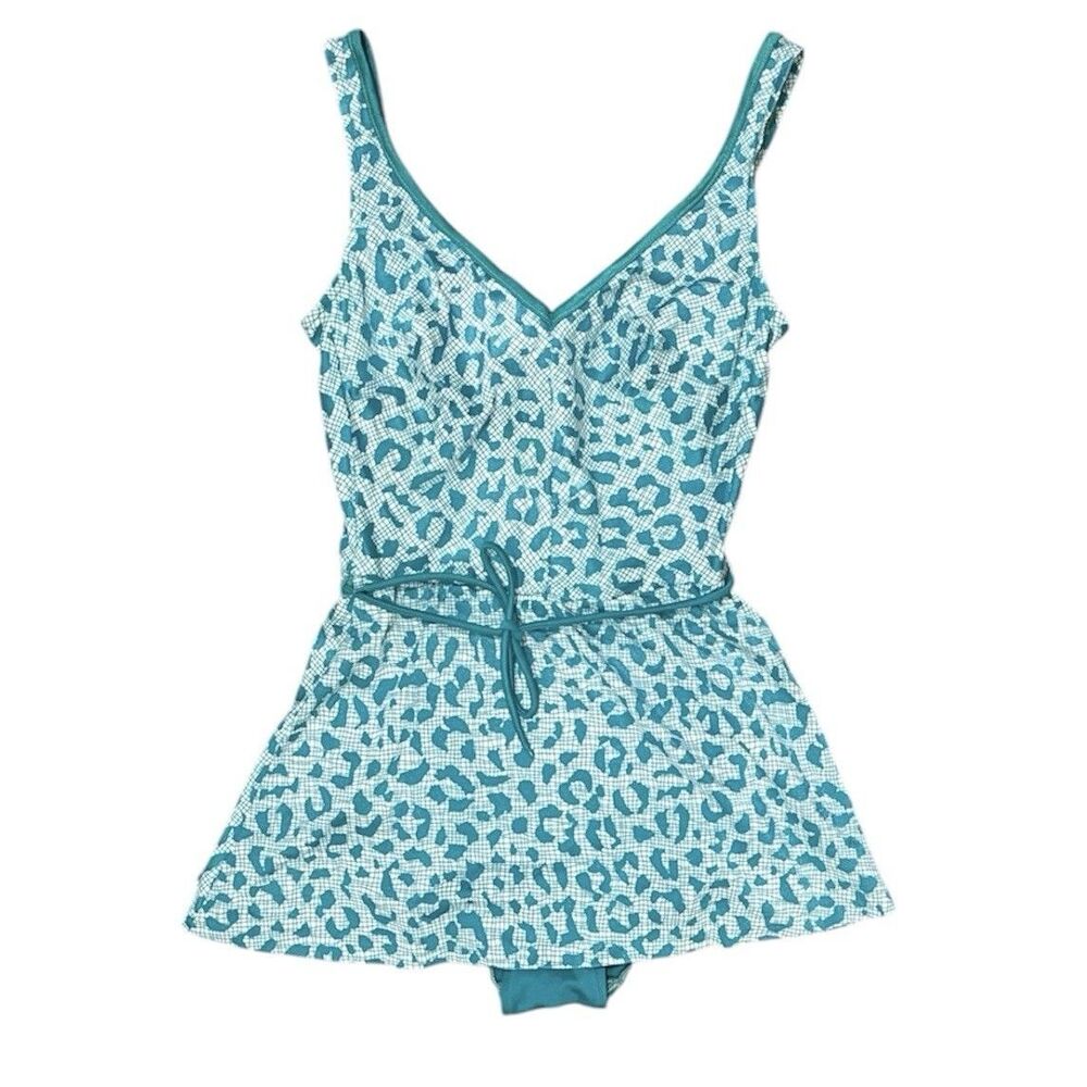 Vintage Robby Len Skirted Swimsuit Teal Leopard Union Made 60s 70s Retro S / M